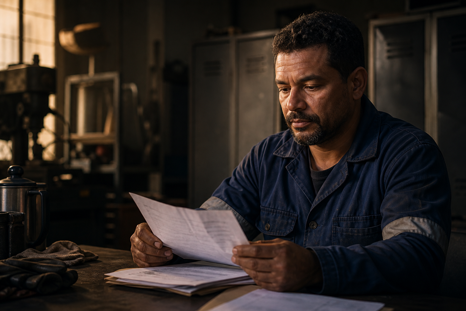 Trabalhador analisando seus documentos após o expediente